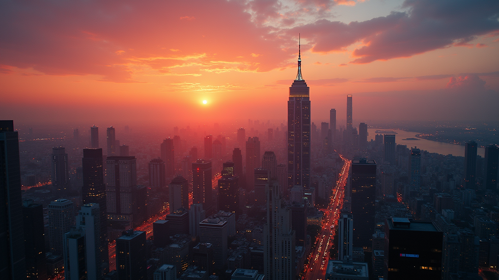 Eye-level view of a vibrant cityscape at sunset
