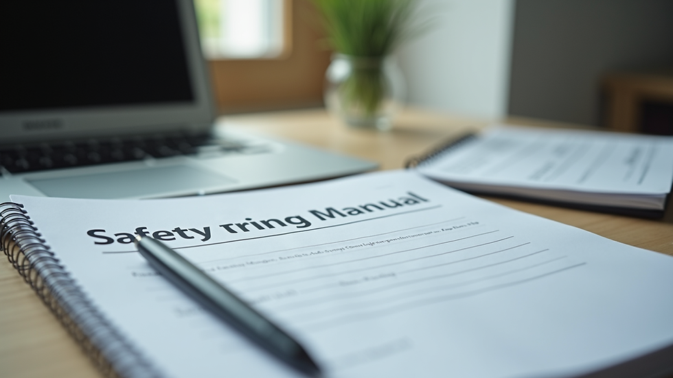 Close-up view of a safety training manual and a laptop on a desk