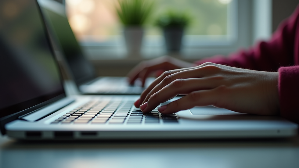 Eye-level view of a laptop keyboard with a teen’s hand typing