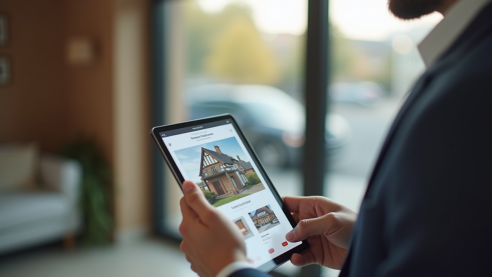 Eye-level view of a realtor checking a property listing on a tablet