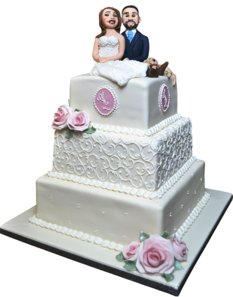 Three-tier wedding cake with sugar paste, pink roses, and bride and groom figurines.