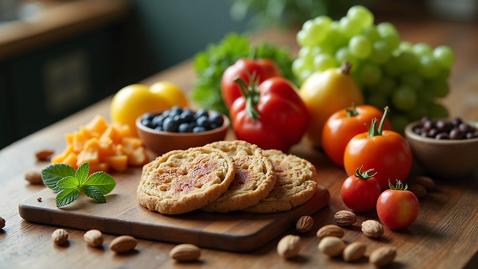 High angle view of a wooden table with a variety of healthy foods including fruits, nuts, and vegetables