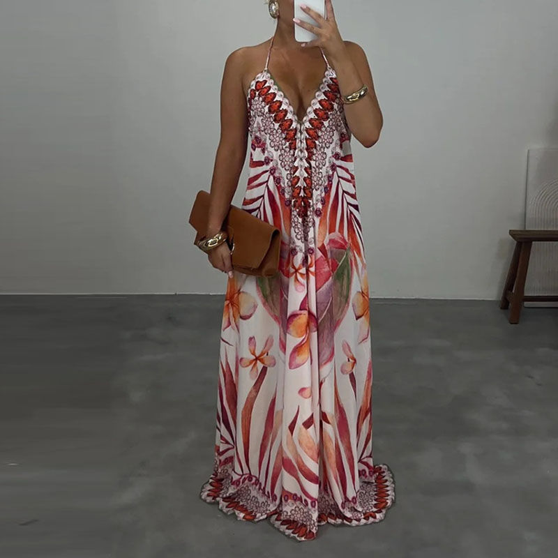 Thumbnail: Casual High Waist Evening Party Dress Sexy V-neck Backless Sleeveless Vacation R