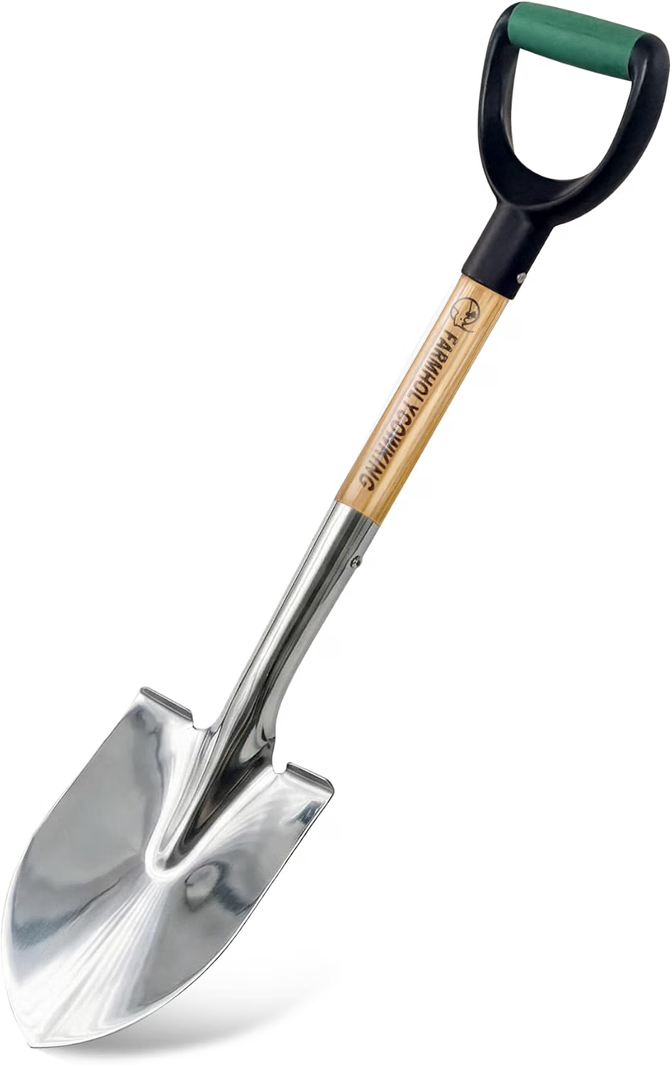 Shiny metal shovel with wooden handle and green grip on a white background, labeled FARMDOL FARMING.