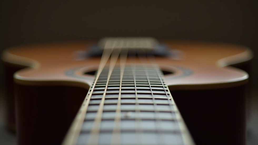 Eye-level view of guitar neck with 22 frets laid out