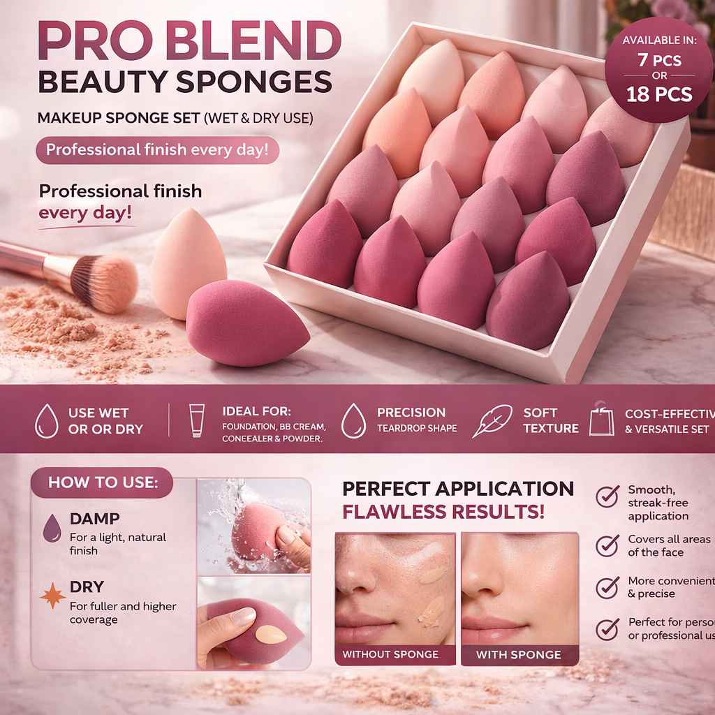 Pro Blend Beauty Sponges – Makeup Sponge Set (Wet & Dry Use)