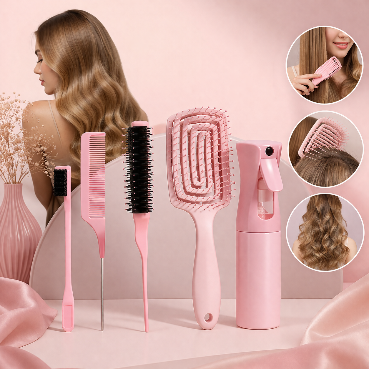 5PCS Hair Styling Set – Elastic Detangling Comb, Scalp Massage Brush & Spray Bot