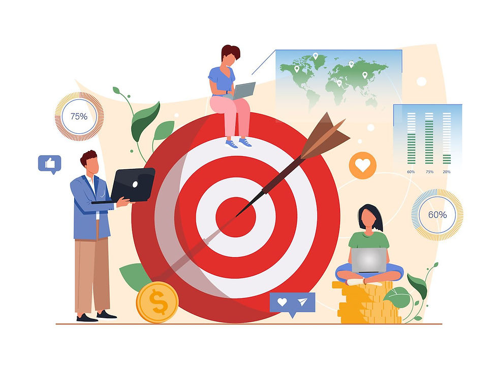 A bullseye with customers and money around it