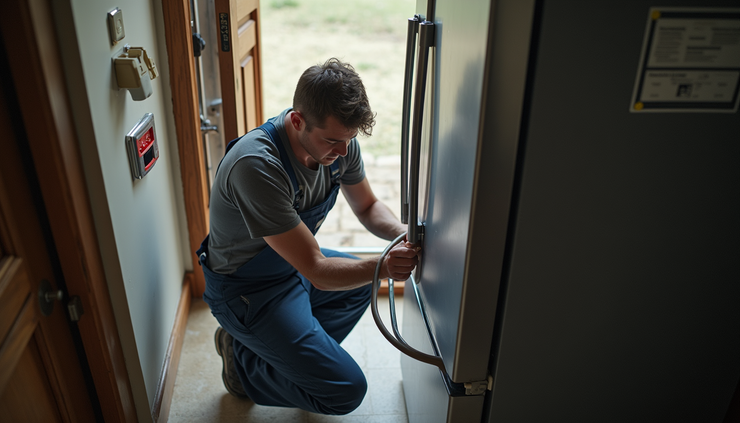 High angle view of a technician inspecting a refrigerator compressor in a San Antonio home