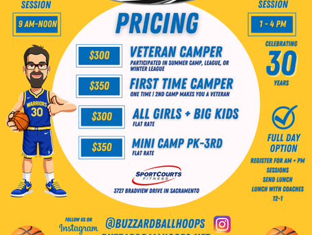 Buzzardball Summer Camp Year 30 Pricing