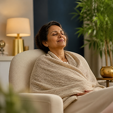 Relaxed woman in her fifties resting in a cream armchair during a calm hypnotherapy session