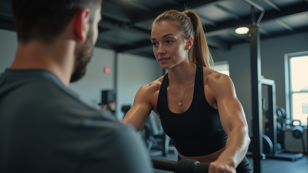 Eye-level view of a personal trainer guiding a client during a workout session