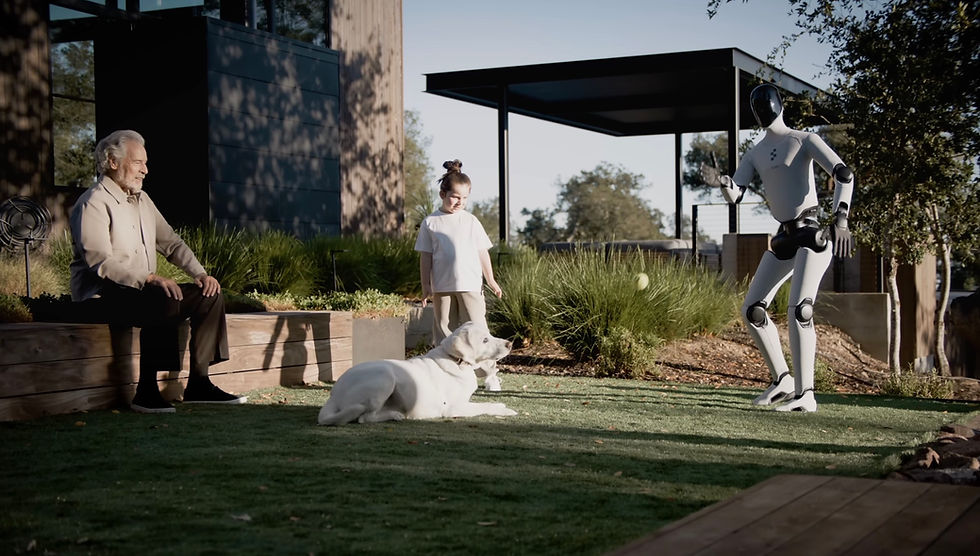 Hombre mayor, niño, perro blanco y robot humanoide en un jardín moderno; escena tranquila y luminosa.