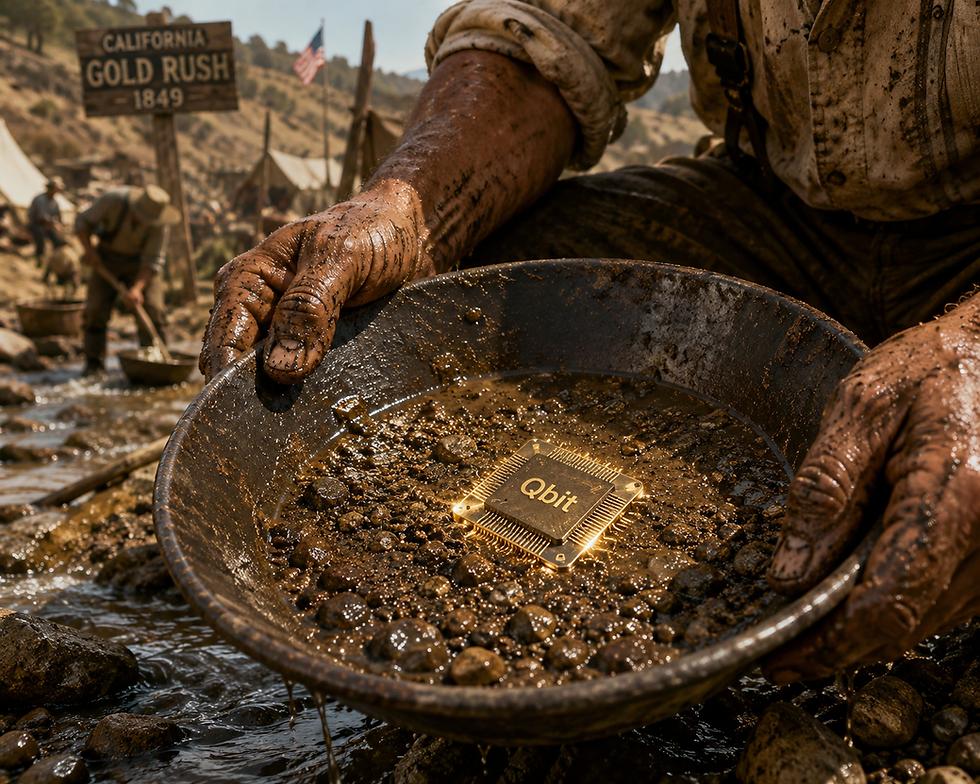 Manos cubiertas de barro sostienen una batea con un chip dorado Qbit; al fondo, letrero California Gold Rush 1849 y campamento minero.