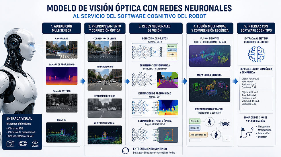 Diagrama de visión óptica con redes neuronales para robot: cámaras, LiDAR, detección, fusión 3D y decisiones. Este modelo representa la arquitectura funcional de un sistema de visión artificial basado en redes neuronales profundas, diseñado para proporcionar percepción inteligente al software cognitivo de un robot humanoide.