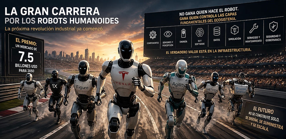Robots humanoides corren en una pista al atardecer; cartel habla de carrera, Tesla, Figure, Agility y un mercado de 7,5 billones USD.