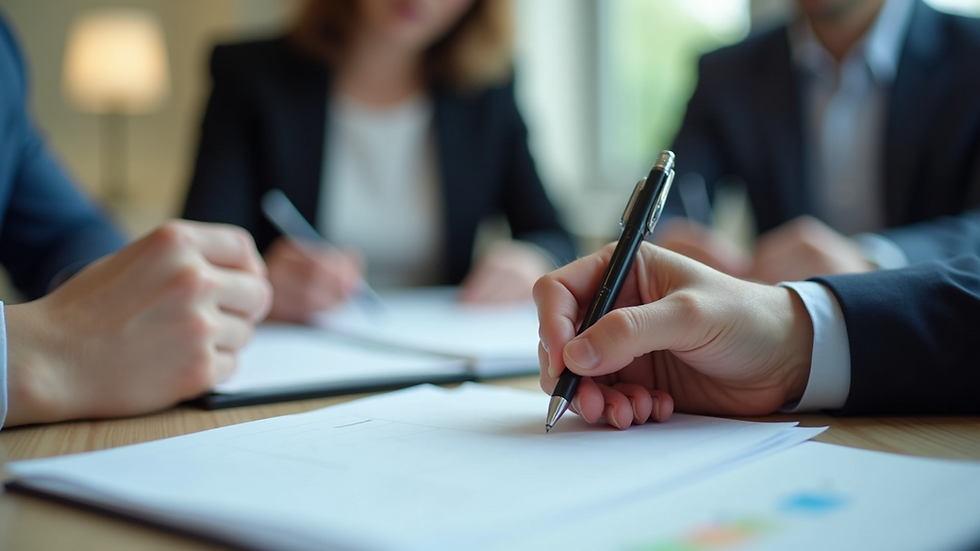 Close-up of a hand writing notes during a team meeting