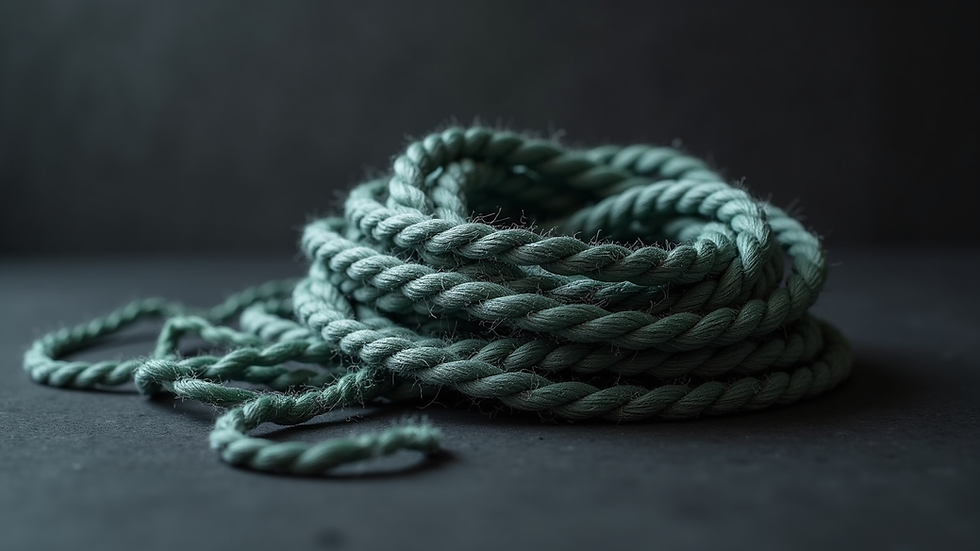 Close-up view of silk ropes neatly coiled on a dark surface