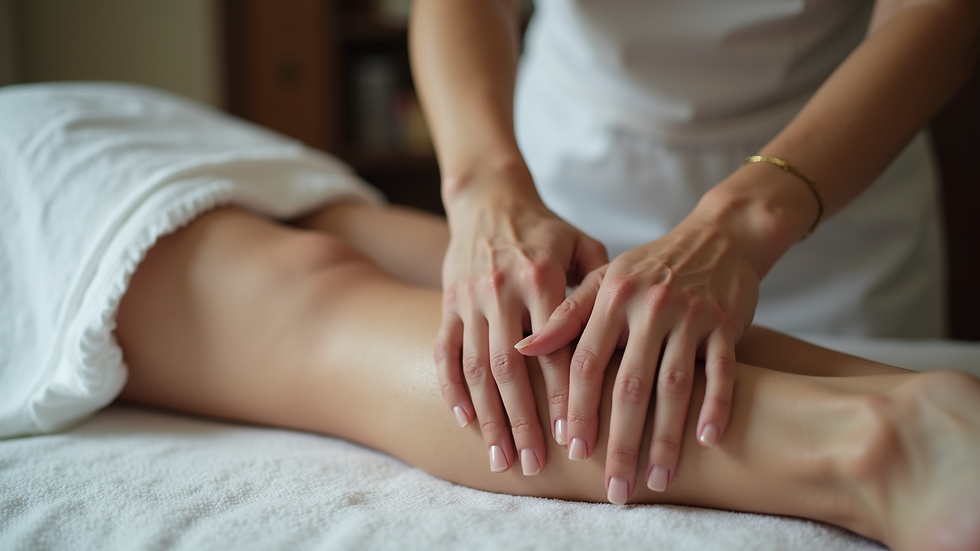Close-up view of a massage therapist’s hands gently stretching a client’s leg