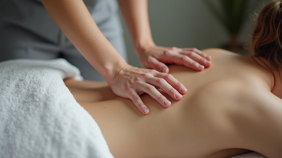Close-up view of a therapist’s hands applying gentle pressure on a client’s back