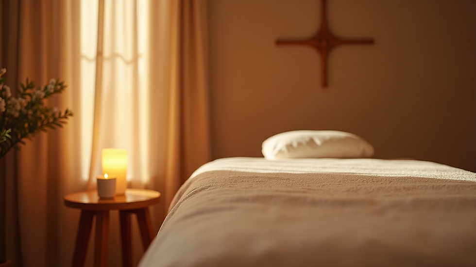 Eye-level view of a cozy massage room with soft lighting and a massage table