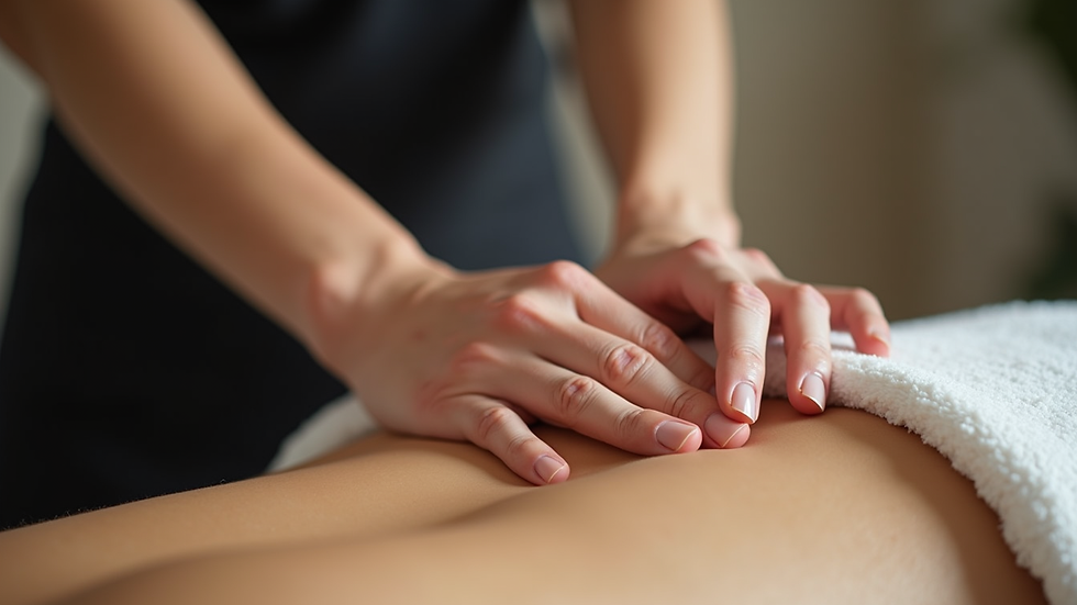 Close-up view of a massage therapist’s hands gently stretching a client’s back