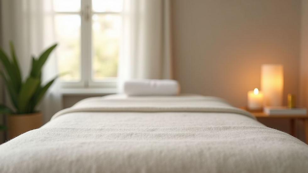 Eye-level view of a massage table with soft linens in a calming room