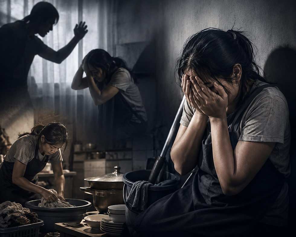 Ilustrasi perempuan disiksa hingga trauma. (Foto: AI Generated)
