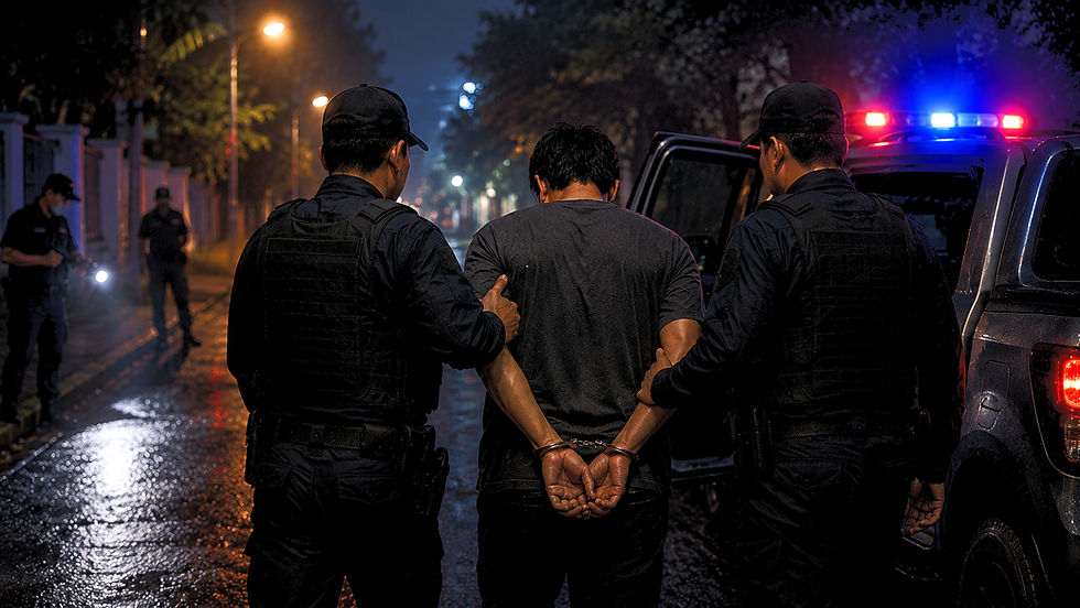 Ilustrasi proses penangkapan oleh aparat dan suasana penyelidikan. (Foto: AI Generated)