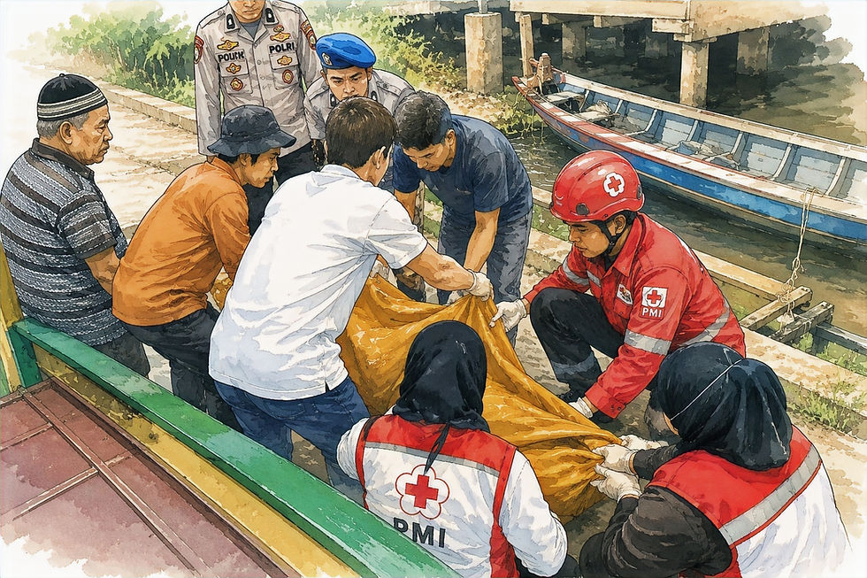 Petugas Satpolairud Polres Kotawaringin Timur bersama relawan mengevakuasi jenazah seorang perempuan yang ditemukan mengapung di kawasan Dermaga Pelabuhan Taksi Air Pasar PPM, Sampit, Minggu (28/6/2026). (Foto: AI Generated)