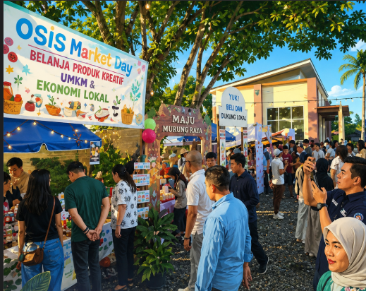 Pelajar menampilkan dan memasarkan produk hasil karya mereka pada Bazar UMKM Pelajar Mura Hebat 2026 di Alun-alun Jorih Jerah, Puruk Cahu, Sabtu (30/5/2026). (Foto: AI Generated)