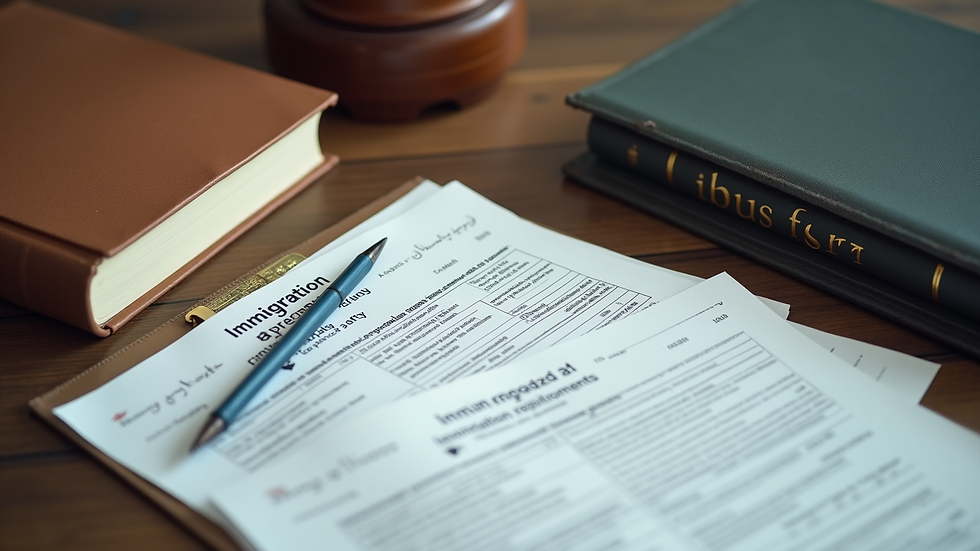 High angle view of legal books and immigration forms on desk