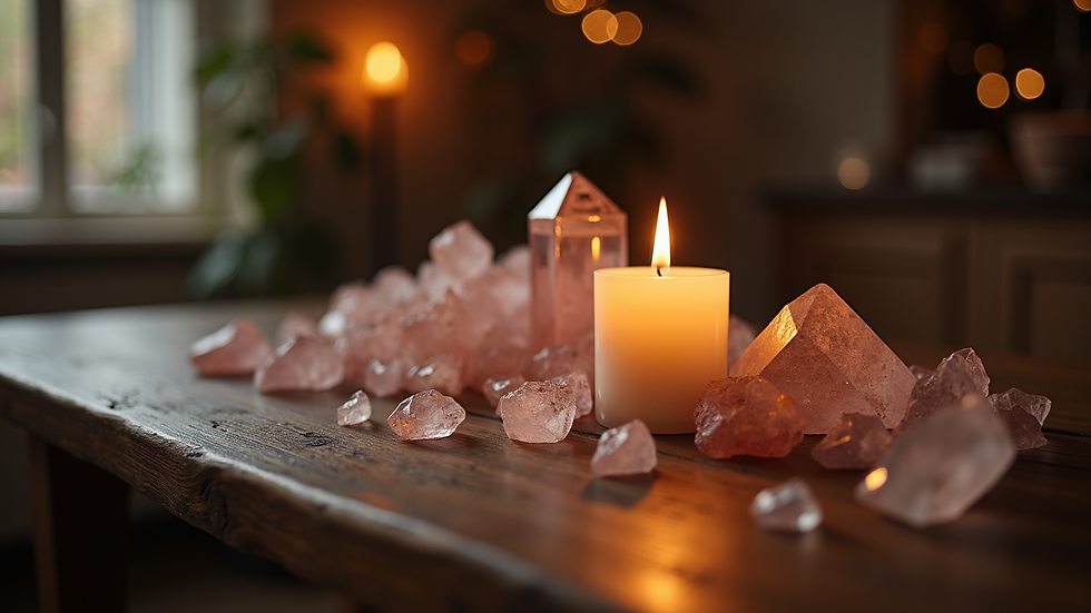 High angle view of a lit candle and crystals arranged on a wooden table