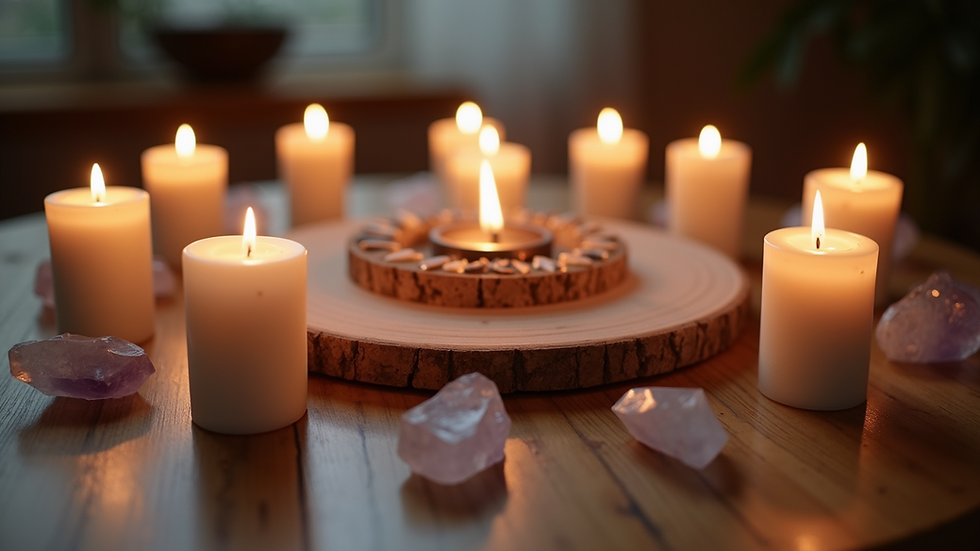 Eye-level view of a circle of candles and crystals on a wooden altar