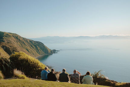 Five people sitting on a hill overlooking Wellington's beautiful coastline.