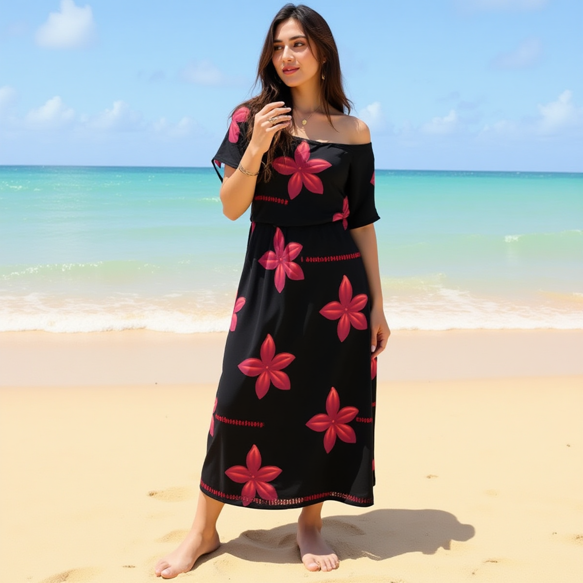 Red Plumeria Long Black Dress With Pocket
