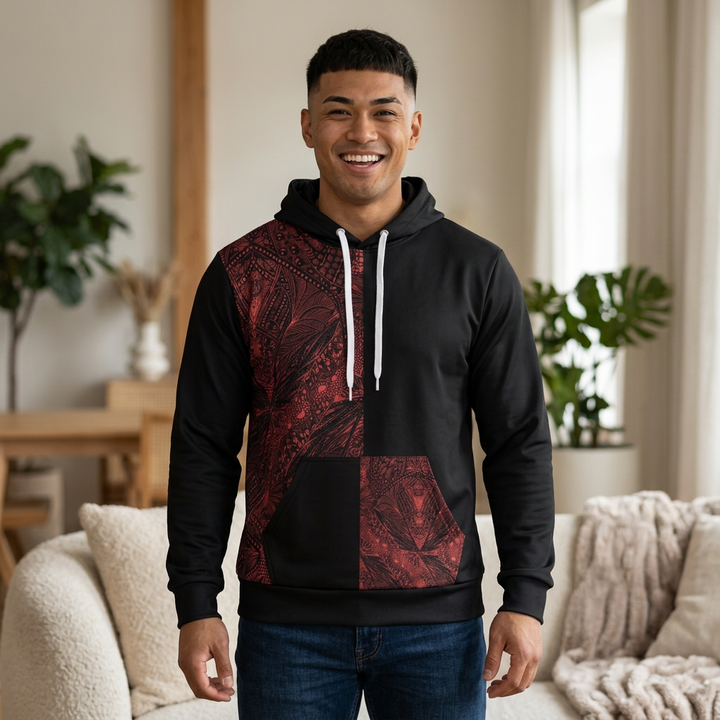 Men's Black Hoodie with Red Design Pocket & Back Panel