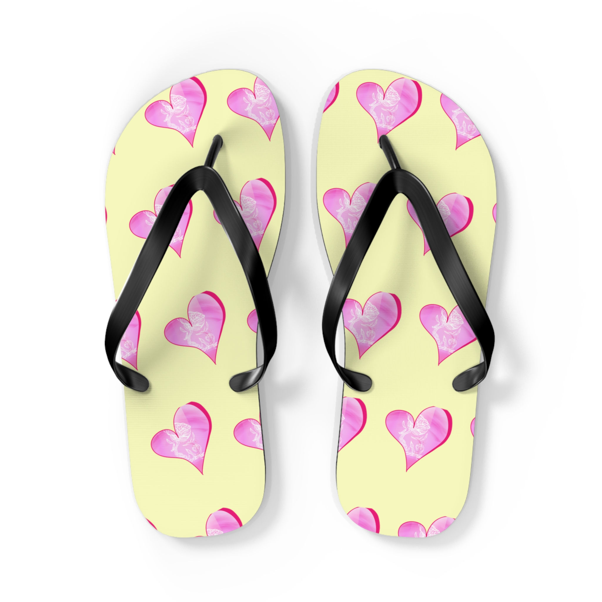Heart Pattern Flip Flops — Pink Watercolor Hearts on Pastel Yellow Beach Sandals