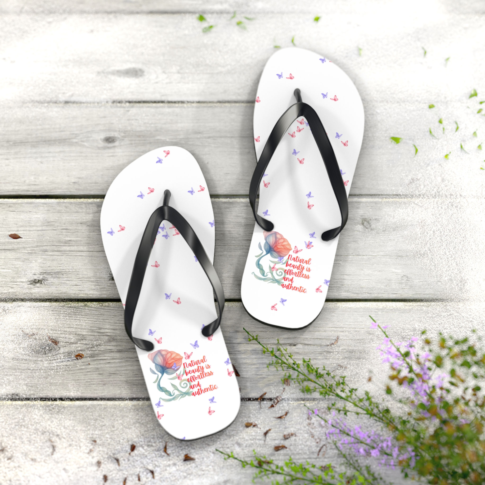 Butterfly Rose Flip Flops – Floral Beach Sandals with Inspirational Quote