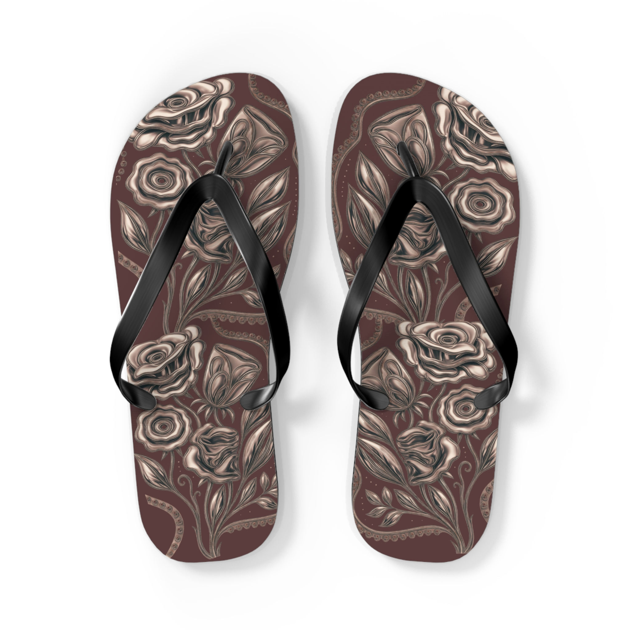 Brown Vintage Rose Flip Flops — Floral Pattern Beach Sandals