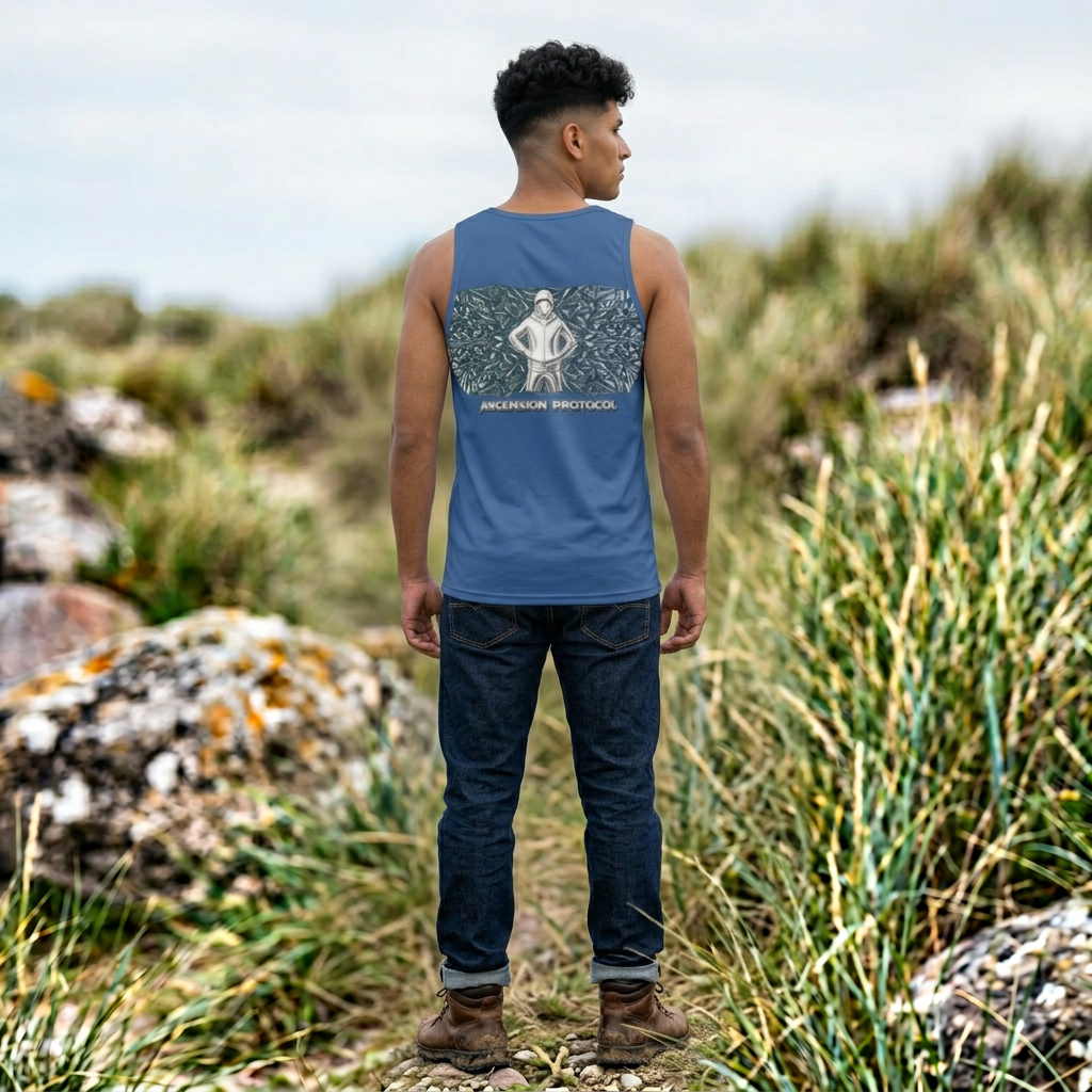 Ascension Protocol Basketball Jersey — Hooded Figure Graphic AOP Tank