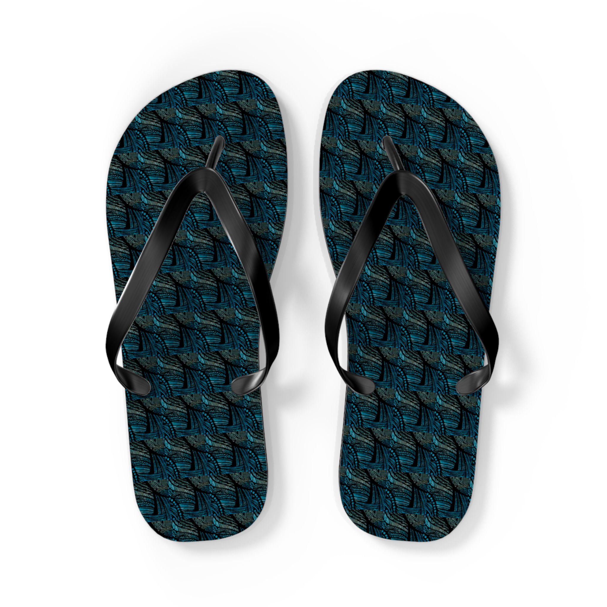Ocean Wave Pattern Flip Flops — Blue Textured Summer Sandals