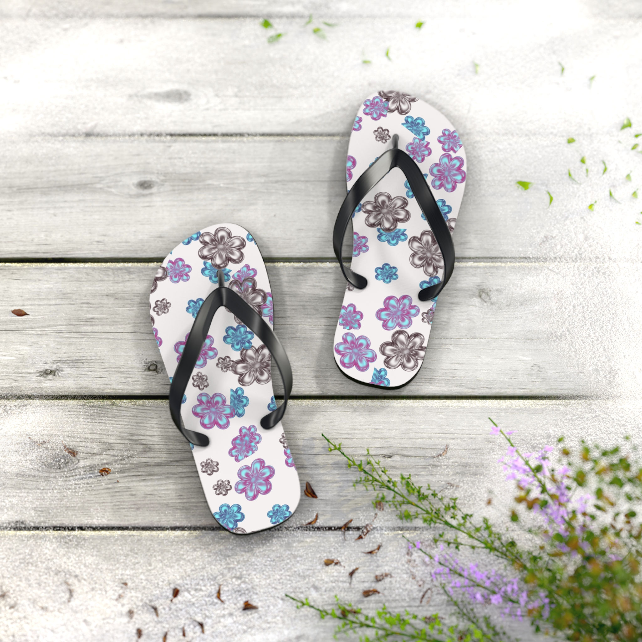 Floral Summer Flip Flops – Purple & Teal Beach Sandals