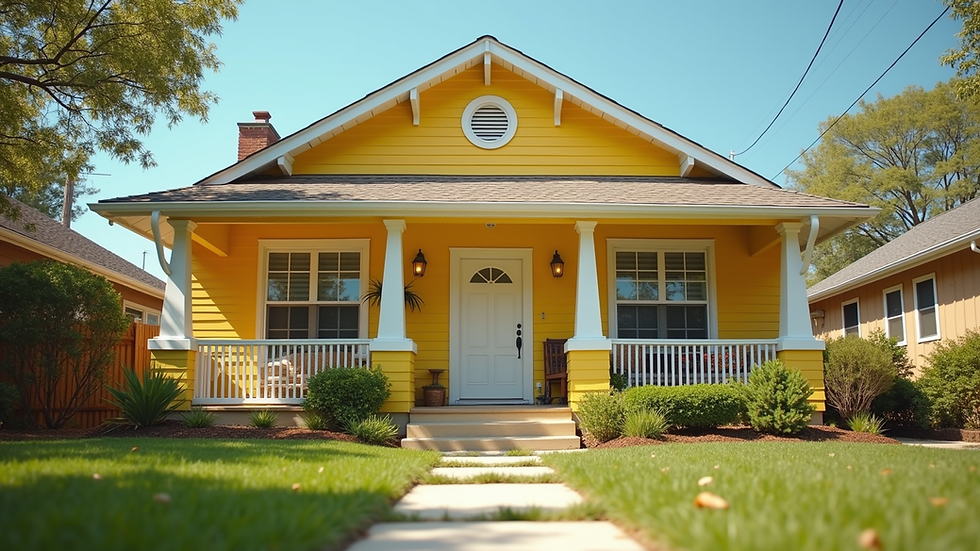 Eye-level view of a freshly painted house exterior in a sunny neighborhood