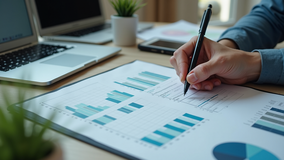 High angle view of a freelance researcher working with charts and graphs