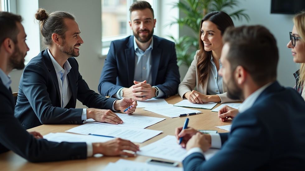 High angle view of a team discussing primary data collection strategies in a meeting room