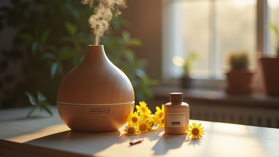 Nahaufnahme eines Aromadiffusers mit ätherischen Ölen auf einem Schreibtisch