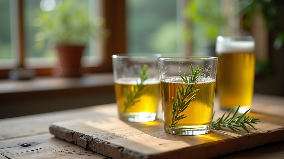 Nahaufnahme eines Glasfläschchens mit ätherischem Rosmarinöl auf einem Holztisch