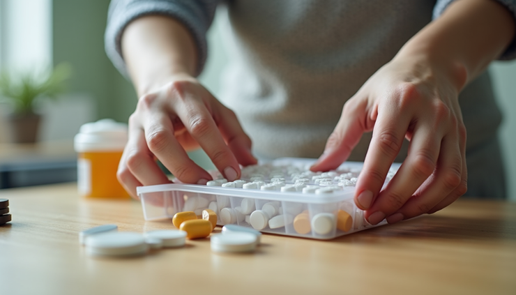 Close-up view of a caregiver setting up a medication organizer on a kitchen table