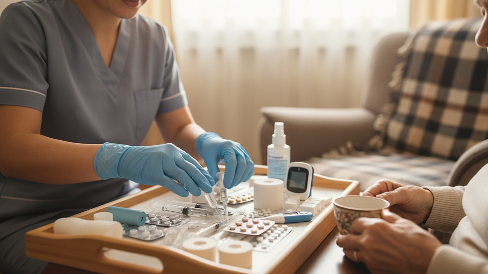 Close-up view of a home care nurse preparing medical supplies